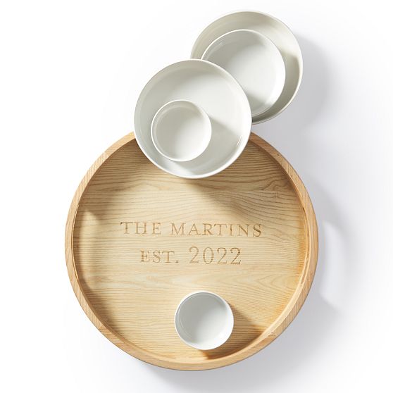 Round Ash Wood and Ceramic 5-Piece Serving Set