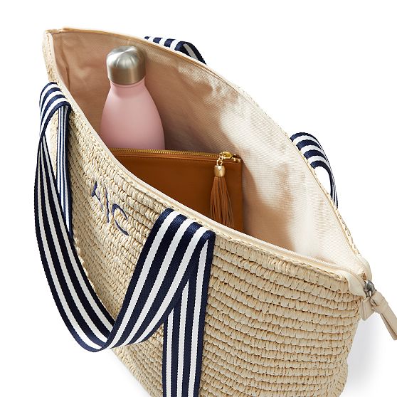 Ribbon Straw Zip-Top Travel Tote