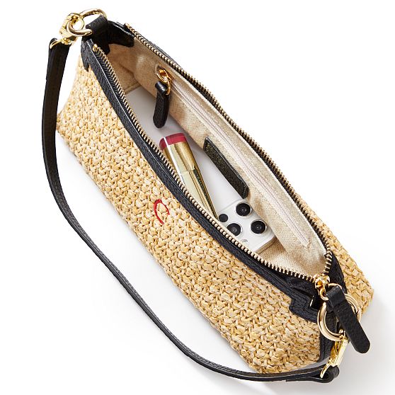 Raffia and Leather Baguette Bag