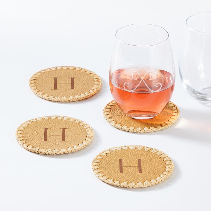 Handwoven Raffia Leather Coasters, Set of 4