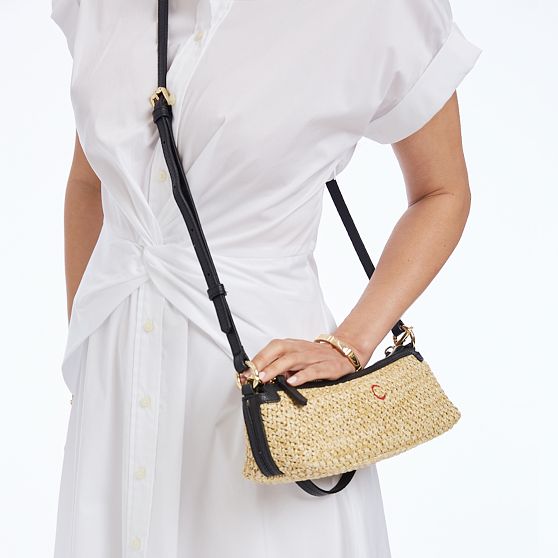 Raffia and Leather Baguette Bag