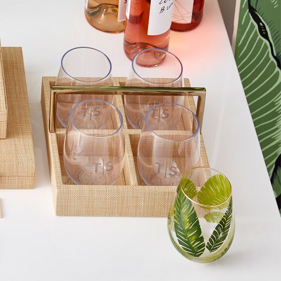 Raffia Drink Caddy and Outdoor Stemless Glasses Set