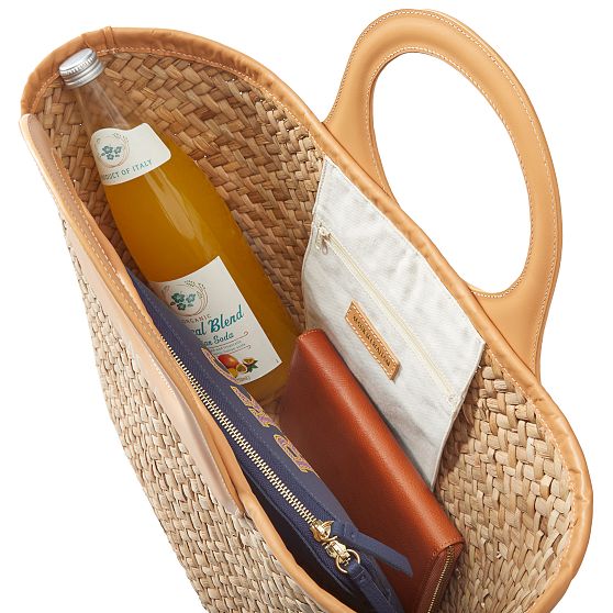 Leather Circle Handle Straw Beach Bag