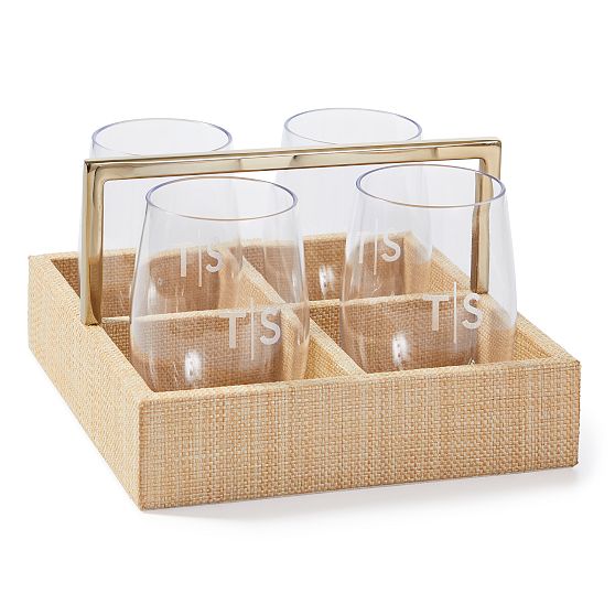 Raffia Drink Caddy and Outdoor Stemless Glasses Set