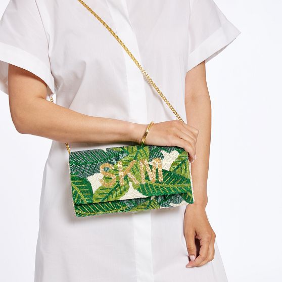 Palm Print Beaded Foldover Crossbody Clutch