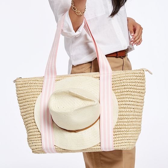 Ribbon Straw Zip-Top Travel Tote