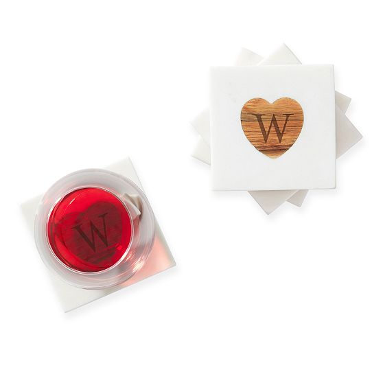 Wood and Marble Circle Heart Coaster, Set of 4