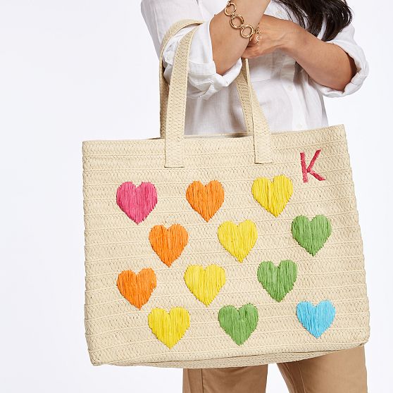 Colorful Hearts Straw Beach Tote