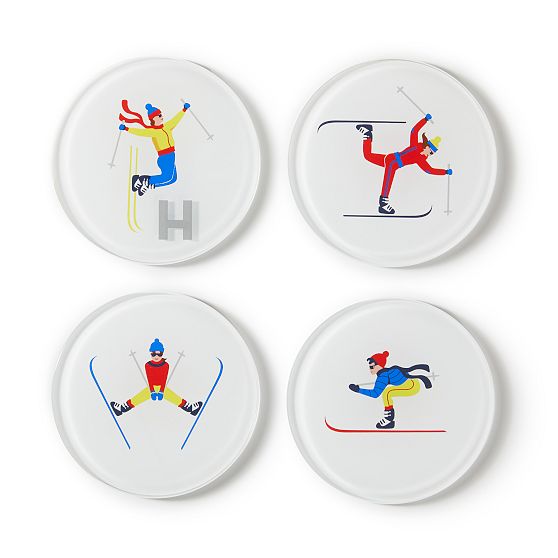 Skier Glass Coasters, Set of 4