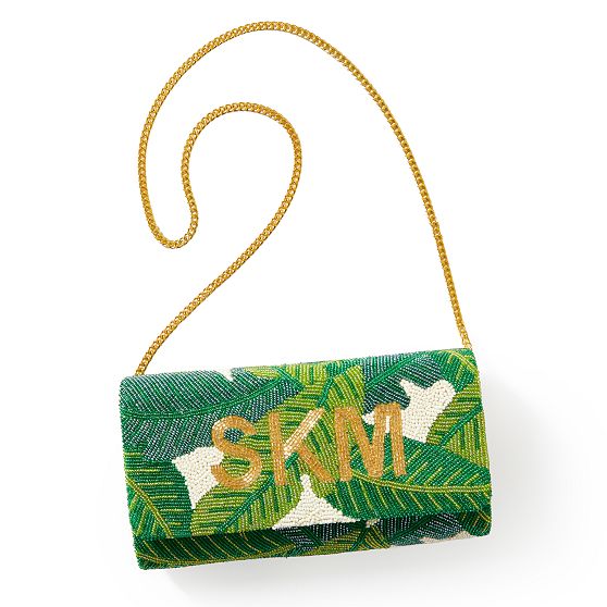 Palm Print Beaded Foldover Crossbody Clutch