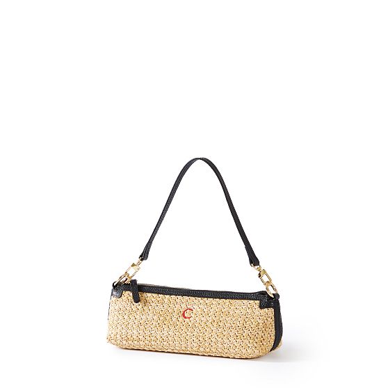 Raffia and Leather Baguette Bag