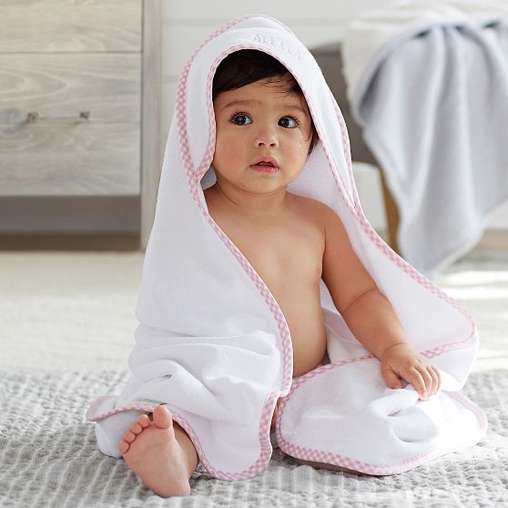 Pottery Barn Kids Gingham Baby Hooded Towel &amp; Washcloths Set