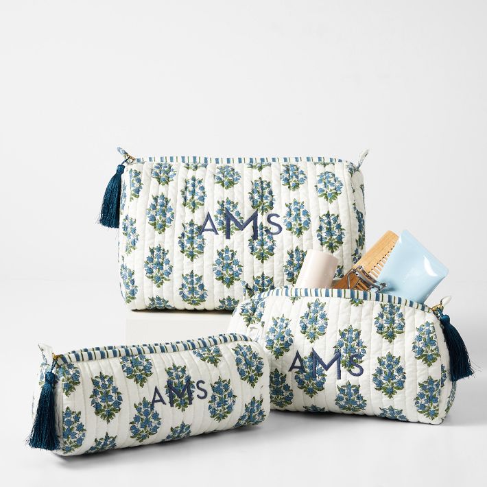 Block Print Quilted Cosmetic Pouch, Set of 3