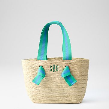 Ribbon Straw Beach Tote, Green-Blue