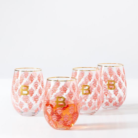 Block Print Stemless Wine Glasses, Set of 4