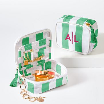 Clear Coated Travel Jewelry Case, Green-White Cabana Stripe