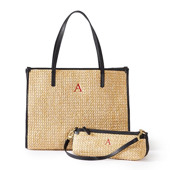 Raffia and Leather Tote and Baguette Bag Set