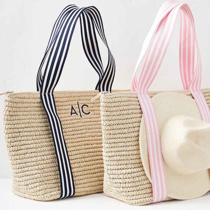 Ribbon Straw Zip-Top Travel Tote