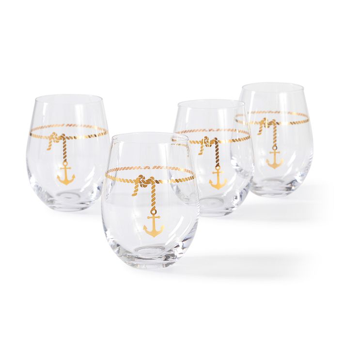 Rope and Anchor Stemless Wine Glasses, Set of 4