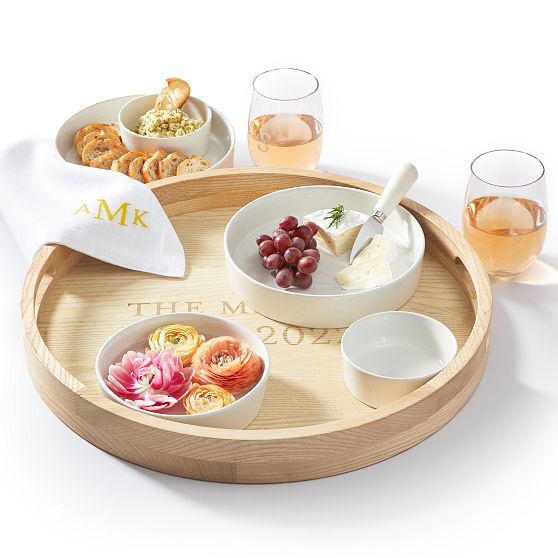 Round Ash Wood and Ceramic 5-Piece Serving Set