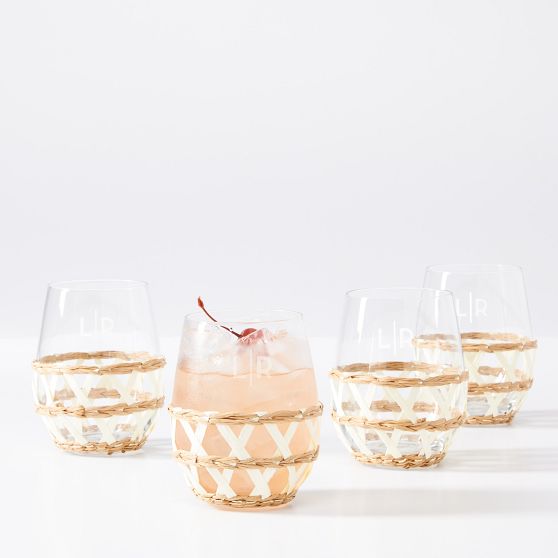 Raffia Wrapped Stemless Wine Glasses Glass, Set of 4