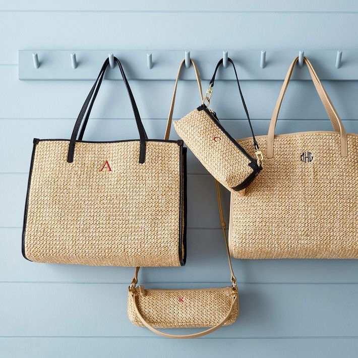 Raffia and Leather Tote and Baguette Bag Set