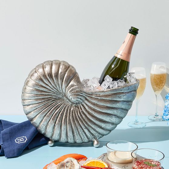 Silver Nautilus Shell Wine Bucket and Glasses Set