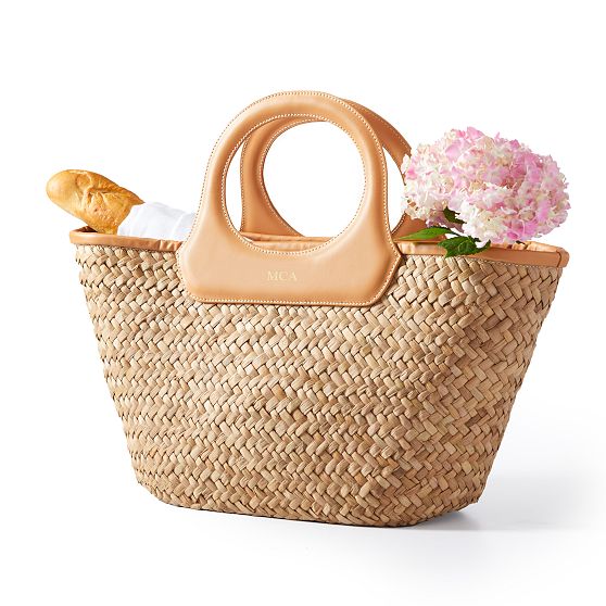 Leather Circle Handle Straw Beach Bag