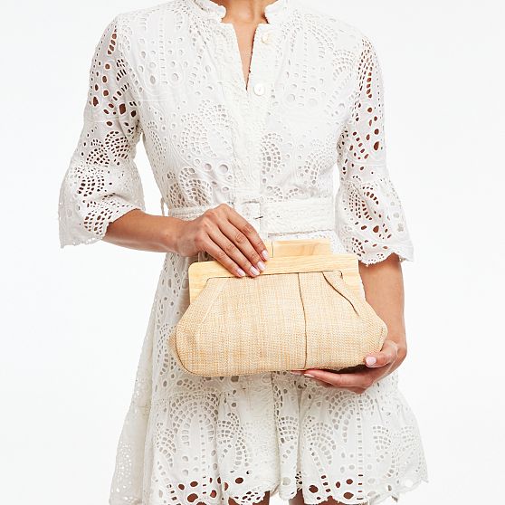 Raffia Wood Frame Clutch