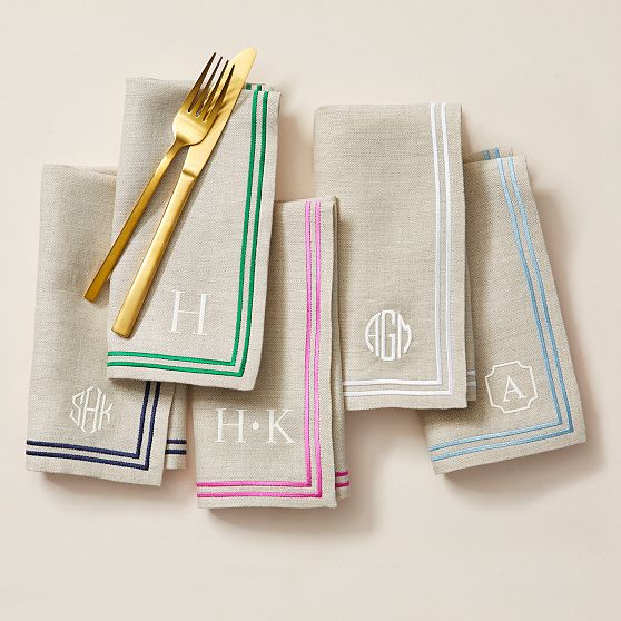 Herringbone Border Linen Napkins, Set of 4