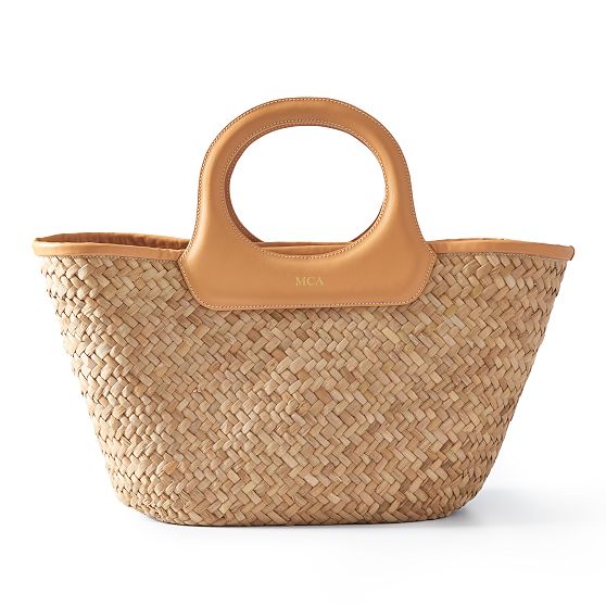 Leather Circle Handle Straw Beach Bag