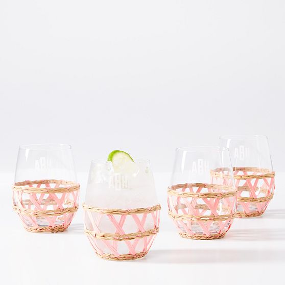 Raffia Wrapped Stemless Wine Glasses Glass, Set of 4