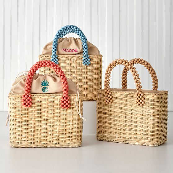 Wicker and Leather Beaded Bag
