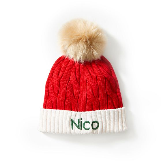 Kids Cable Knit Pom Pom Santa Hat