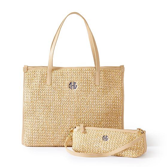 Raffia and Leather Tote and Baguette Bag Set