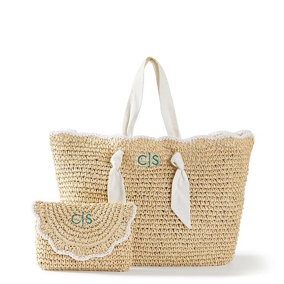 Ribbon Scalloped Raffia Tote and Clutch Set