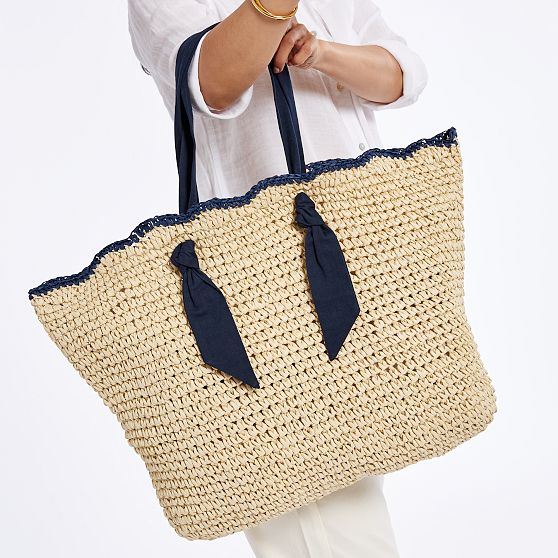 Ribbon Scalloped Raffia Tote and Clutch Set