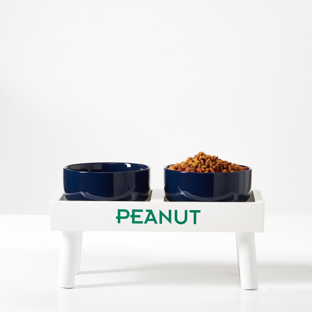 Ceramic Dog Bowls with Wooden Stand, Navy, Small
