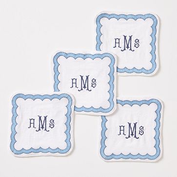 Bespoke Embroidered Coasters, Set of 4, Scalloped, Sky Blue