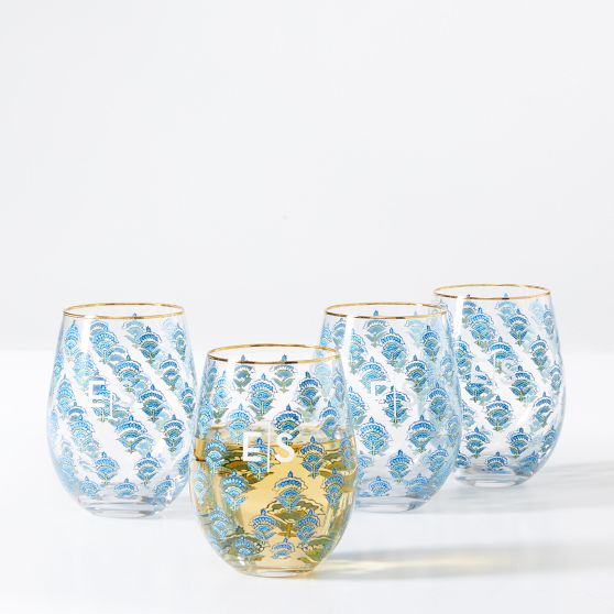 Block Print Stemless Wine Glasses, Set of 4