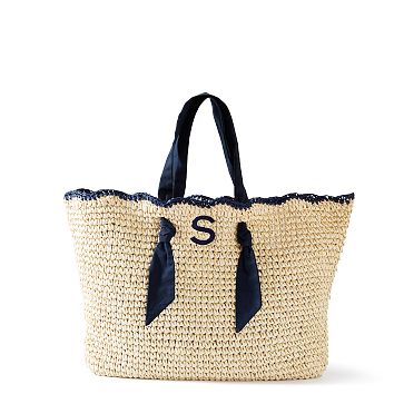 Ribbon Scalloped Raffia Tote, Navy
