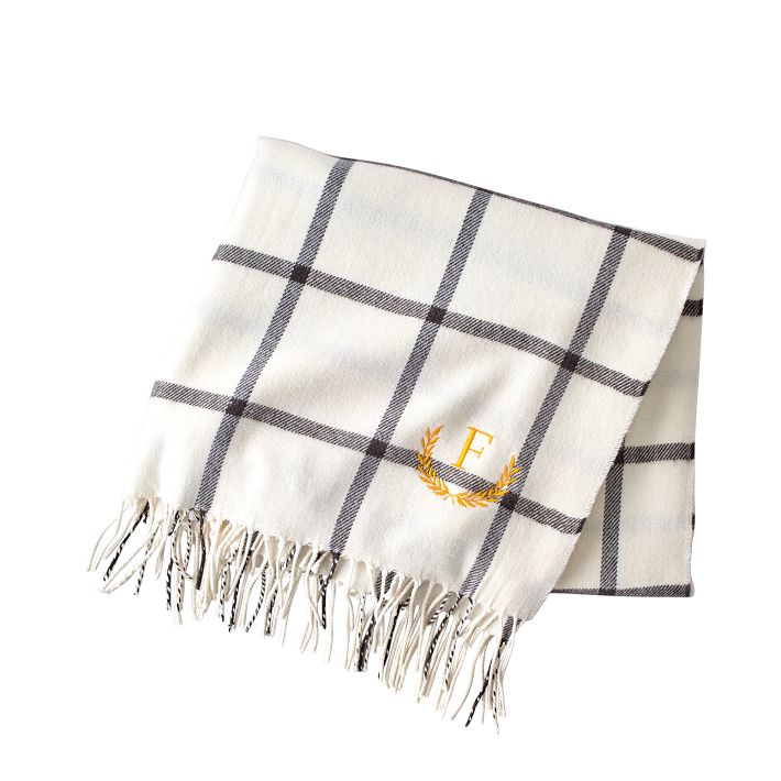 Throw Blanket w- Fringe, Windowpane Ivory-Charcoal