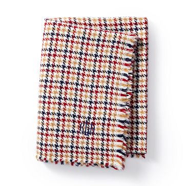 Italian Houndstooth Plaid Throw Blanket, Ivory-Camel-Red-Navy
