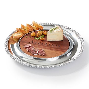 Beaded Silver and Walnut Wood Cheese Board, Round