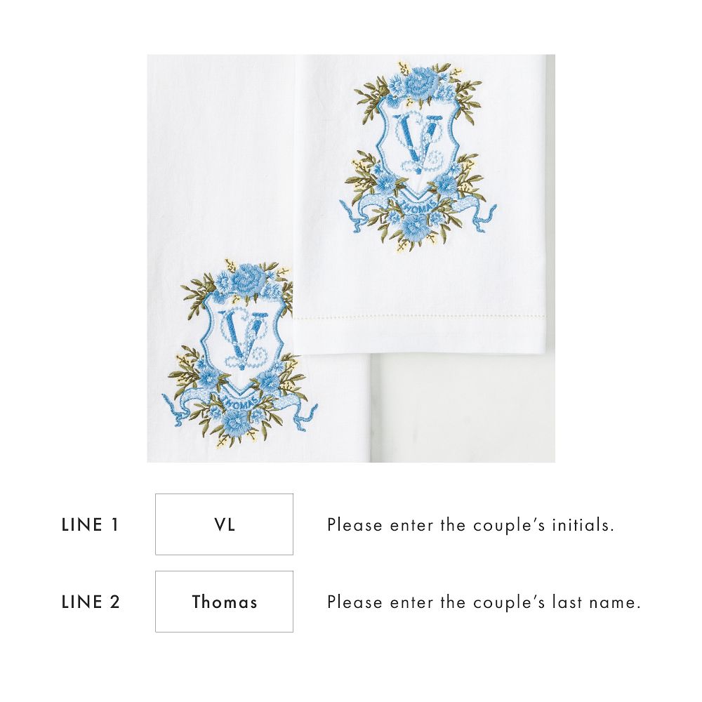Bespoke Embroidered Crest Guest Towels, Set of 2, Floral Crest, Blue