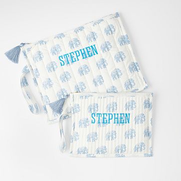 Block Print Flat Pouches, Set of 2, Blue Elephant