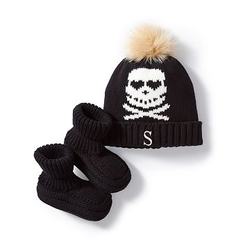 Skull and Crossbones Pom Pom Hat & Bootie Set, Black