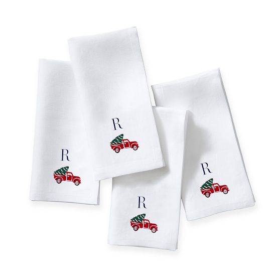 Embroidered Holiday Dinner Napkins, Set of 4, Truck and Tree