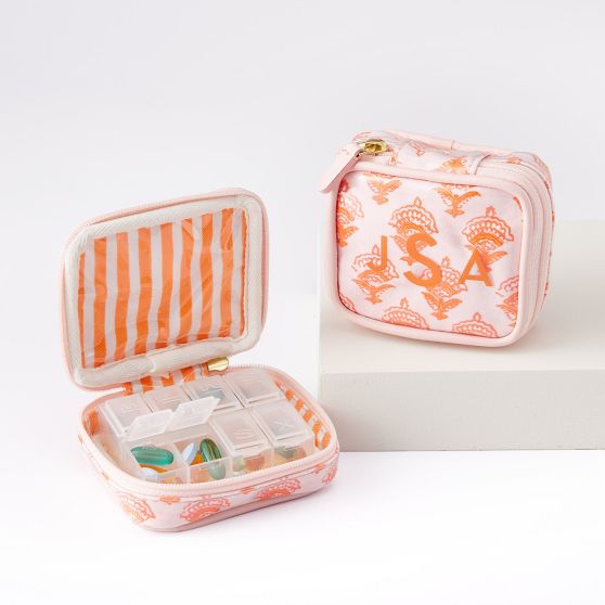 Clear Coated Travel Pill Organizer, Pink-Orange Block Print