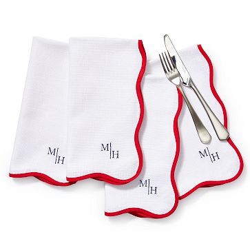 Scalloped Napkins, Set of 4, White-Red